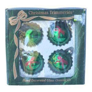 Vtg Bradford Christmas Trimmeries Green Glass Ornaments Set-3 Decorated, 1 Plain